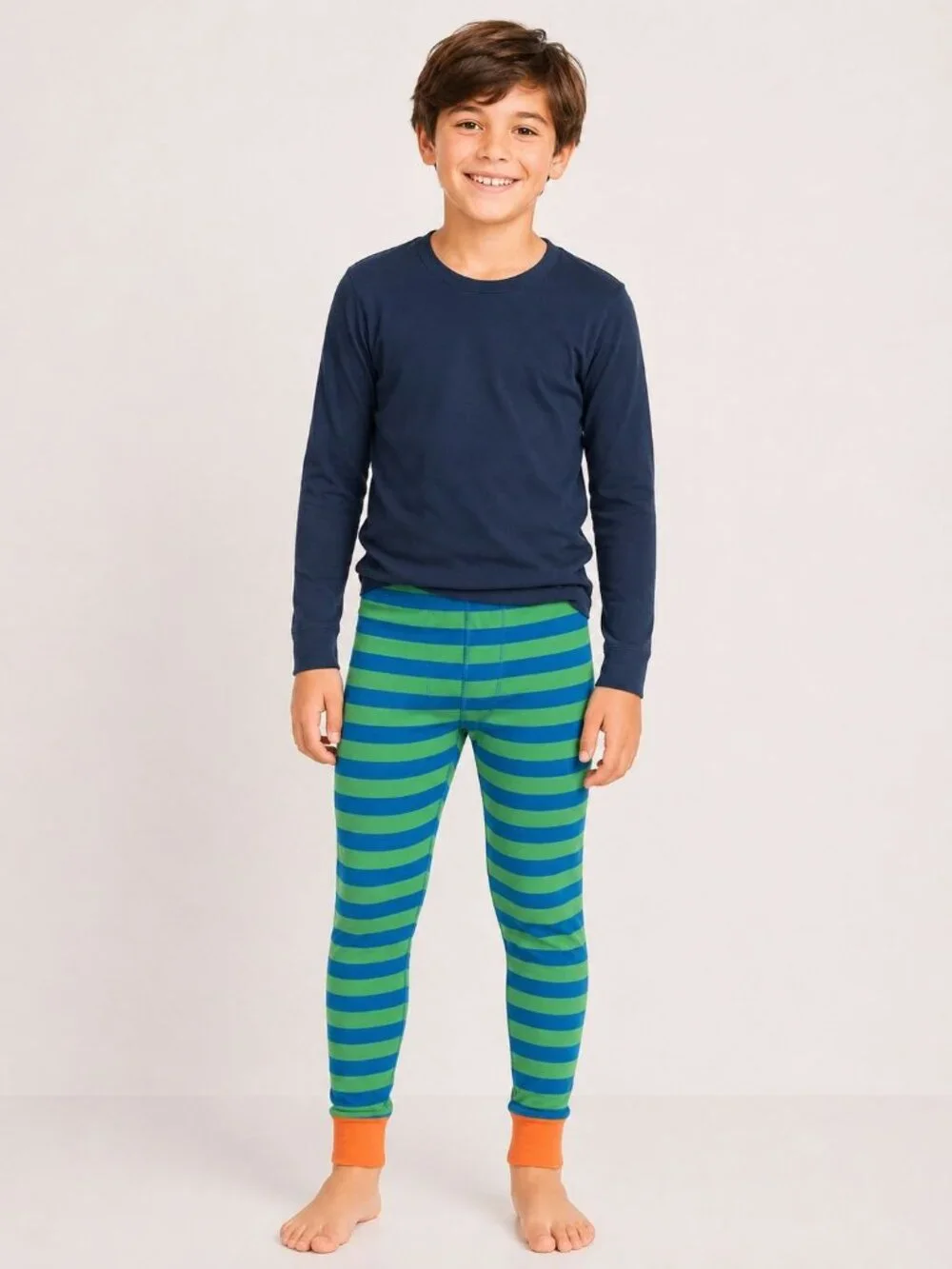 Hanna Andersson striped long john pajama pants blue and green with orange cuffs